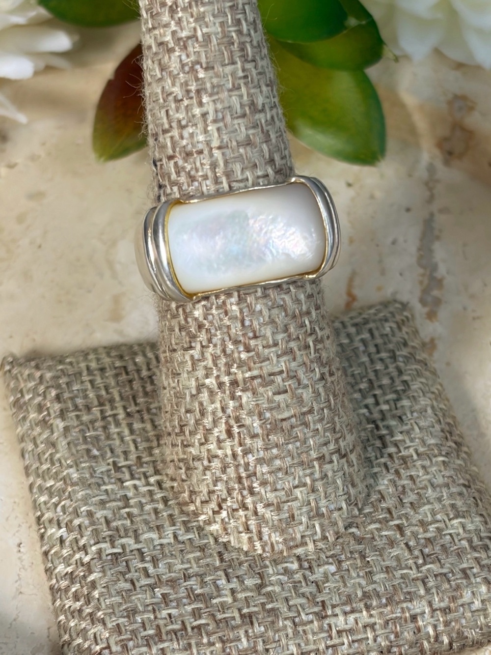 Vintage Sterling Silver 925 Mother of Pearl Ring Size 7 Chunky Flashy Inlay